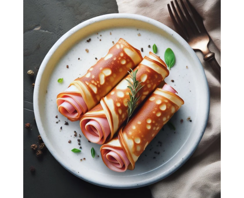 Ролл из блина с сыром и ветчиной