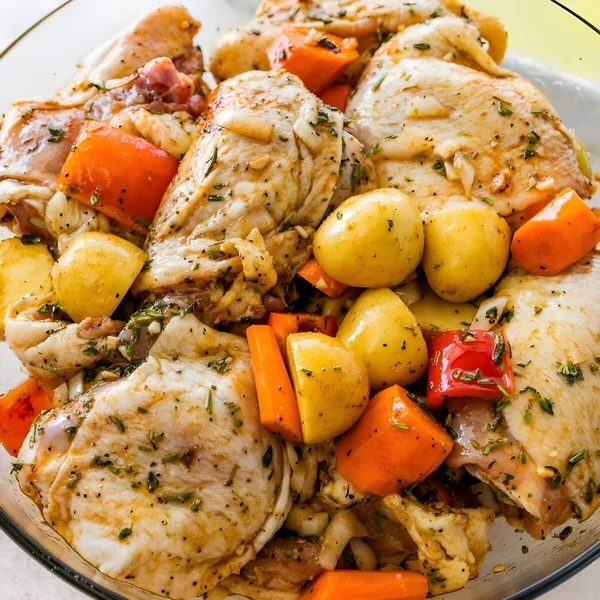 смешать курицу с овощами